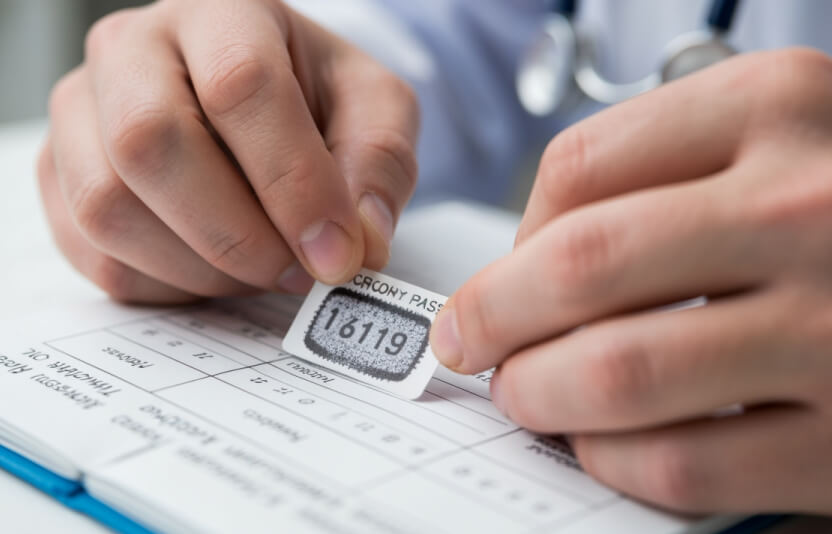 Ветеринар приклеивает номер в паспорт